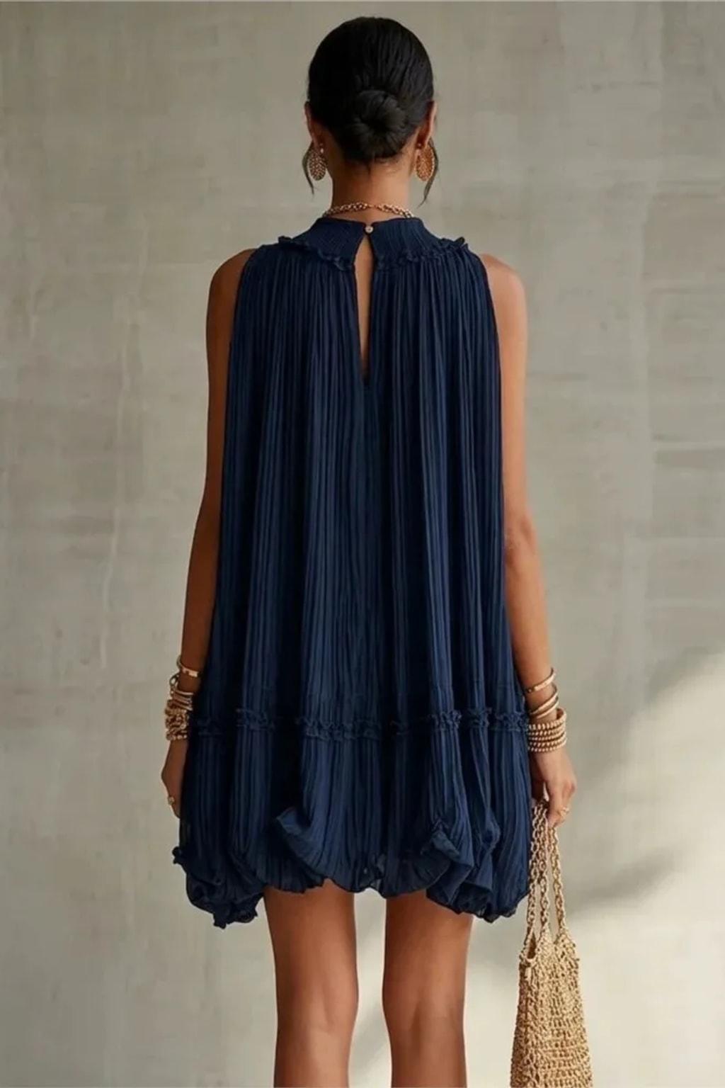 Polyester Chiffon Mini Dress With Pleated High Neck - 4