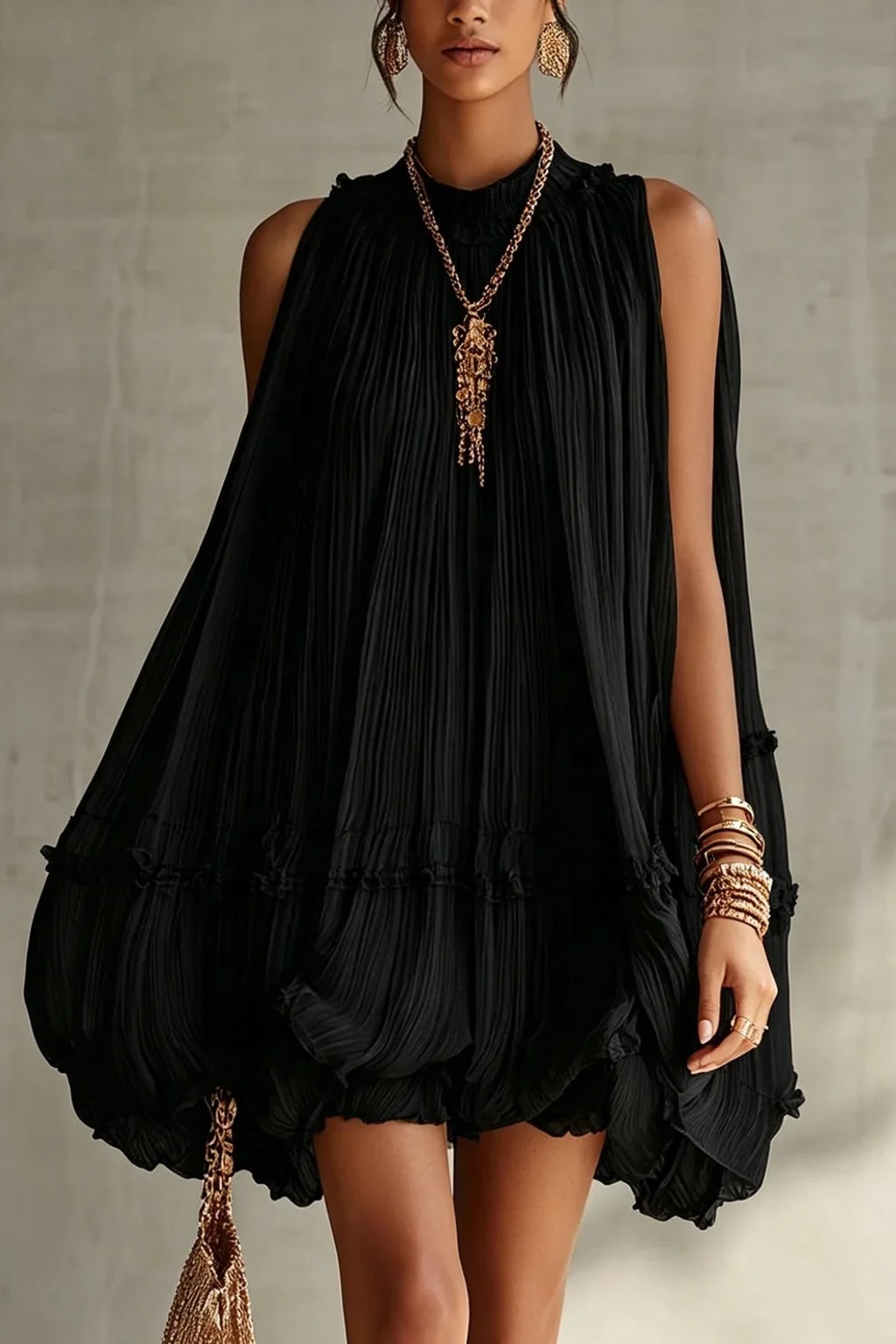 Polyester Chiffon Mini Dress With Pleated High Neck - 7