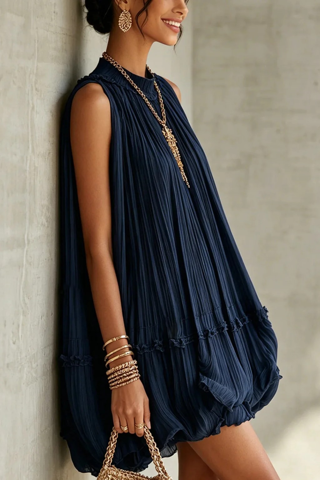 Polyester Chiffon Mini Dress With Pleated High Neck - 3