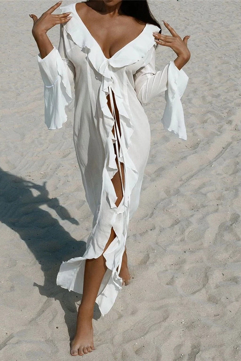 Chiffon Beach Cover-Up With Ruffled V-Neck - 3
