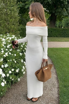 Knit Maxi Dress With Off-Shoulder Neckline - 2