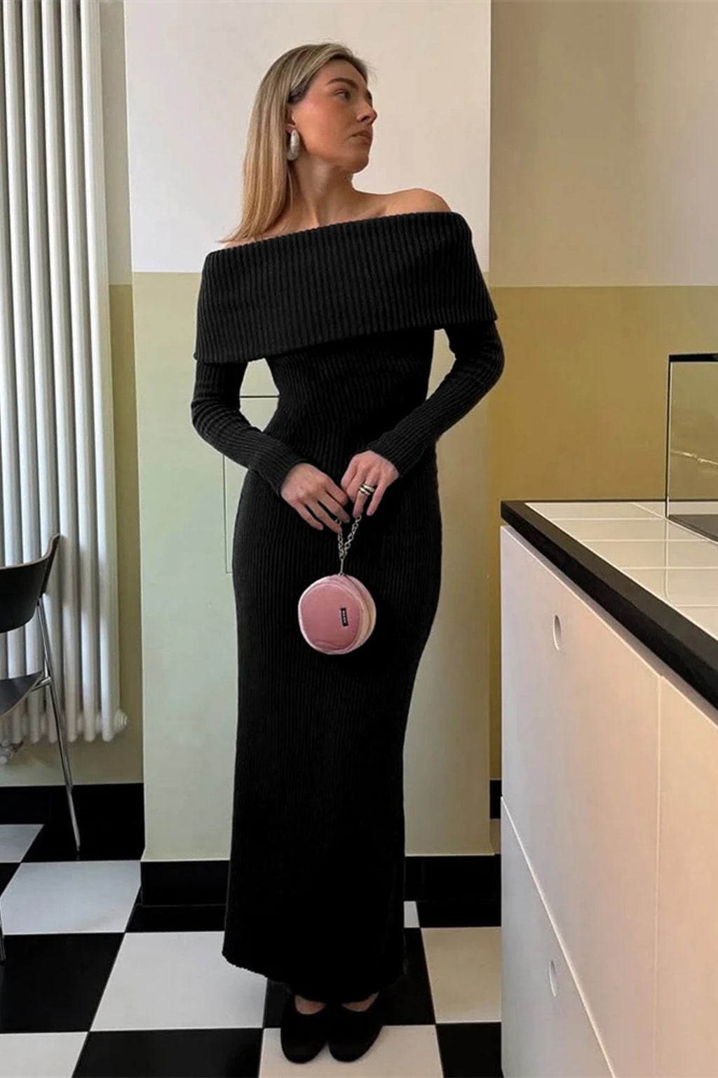 Knit Maxi Dress With Off-Shoulder Neckline - 10