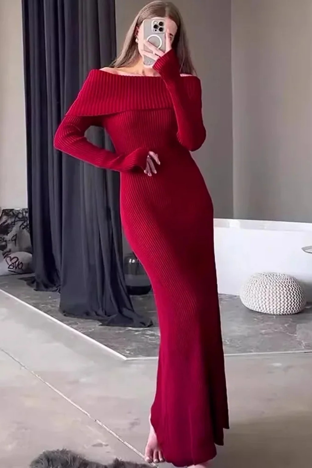 Knit Maxi Dress With Off-Shoulder Neckline - 6