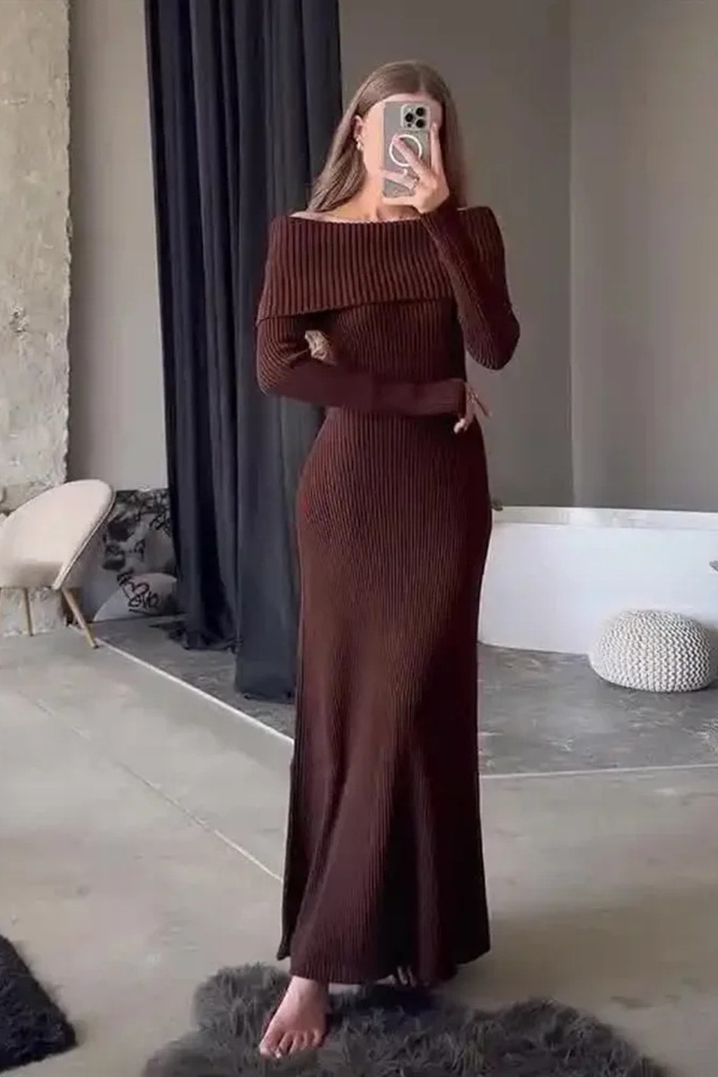Knit Maxi Dress With Off-Shoulder Neckline - 8
