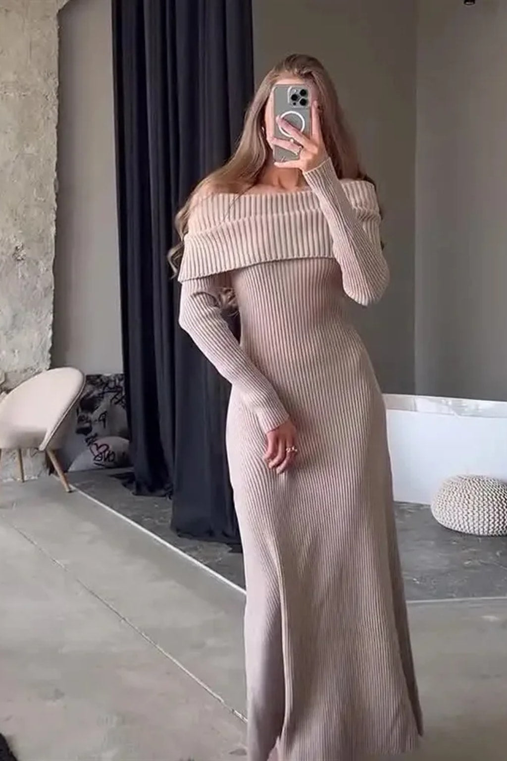 Knit Maxi Dress With Off-Shoulder Neckline - 11