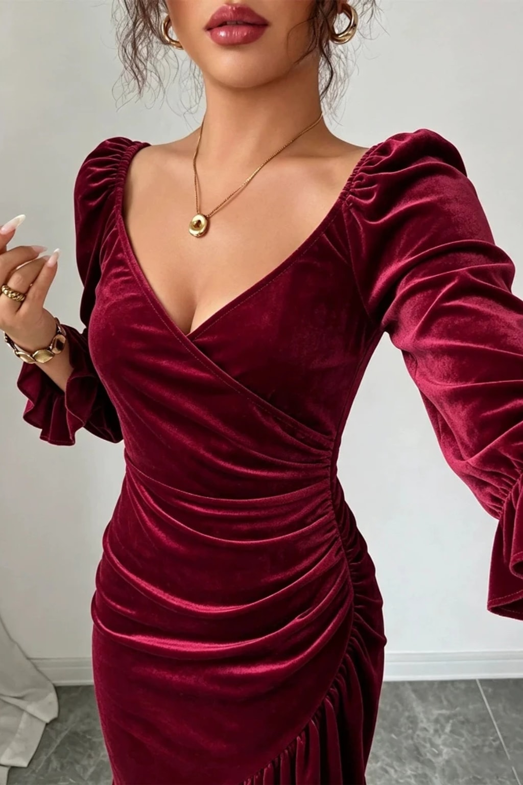 Polyester Velvet Dress With Fishtail Hem - 5