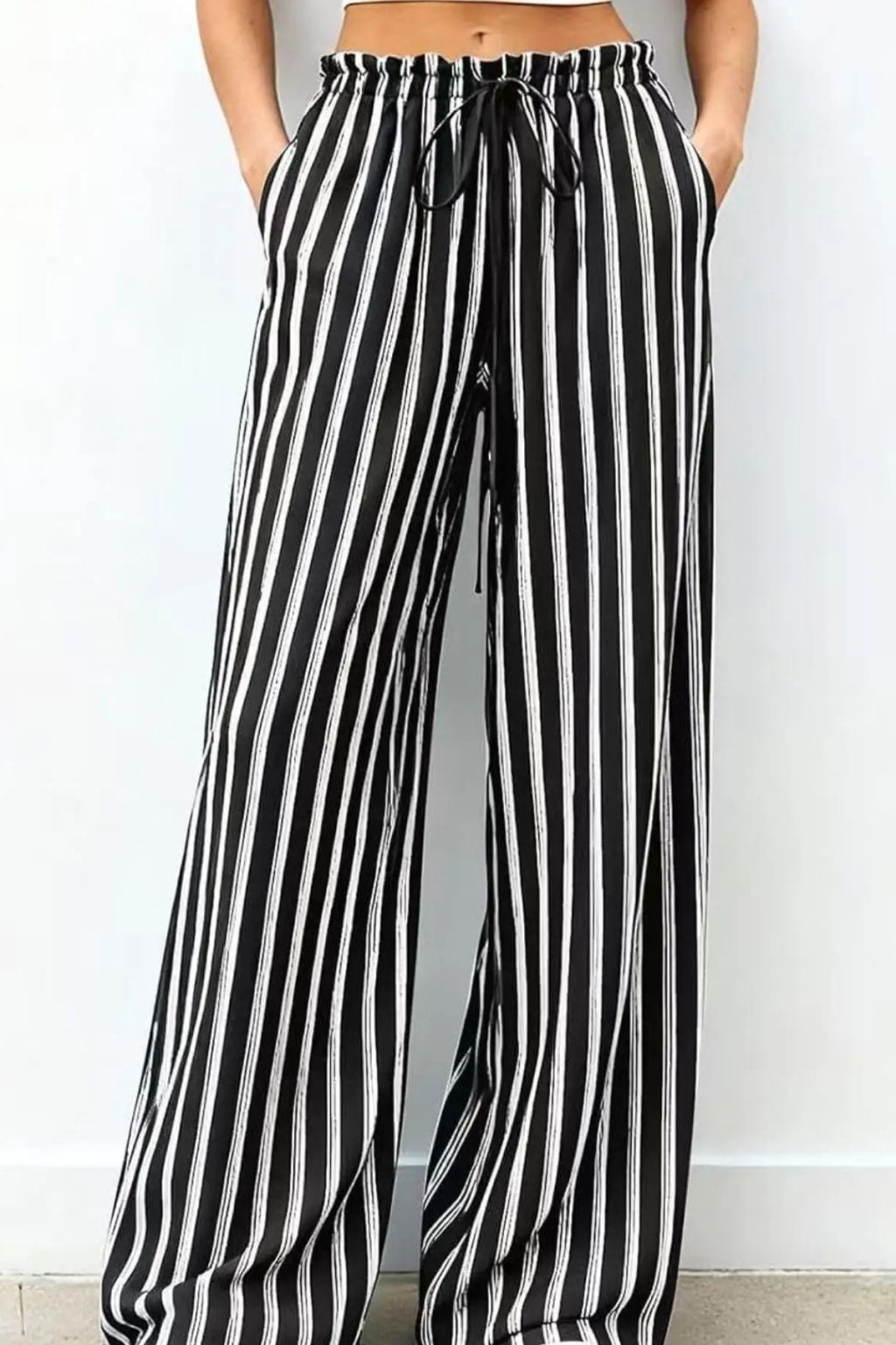 Woven Wide Leg Pants With Ruffle Waist - 5