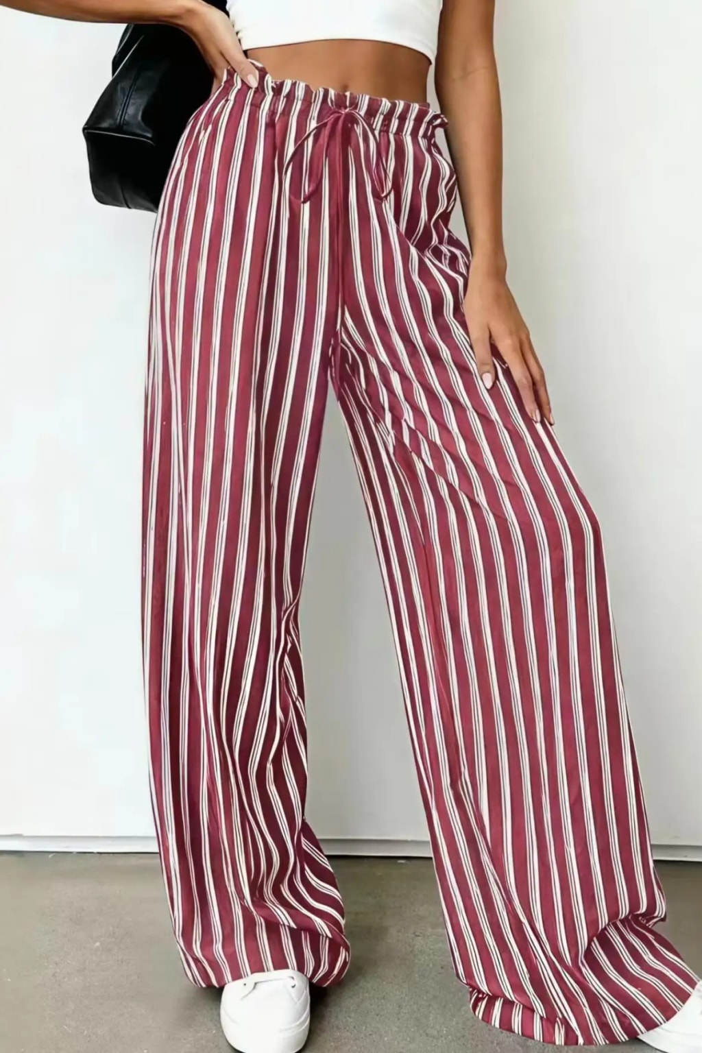 Woven Wide Leg Pants With Ruffle Waist - 4