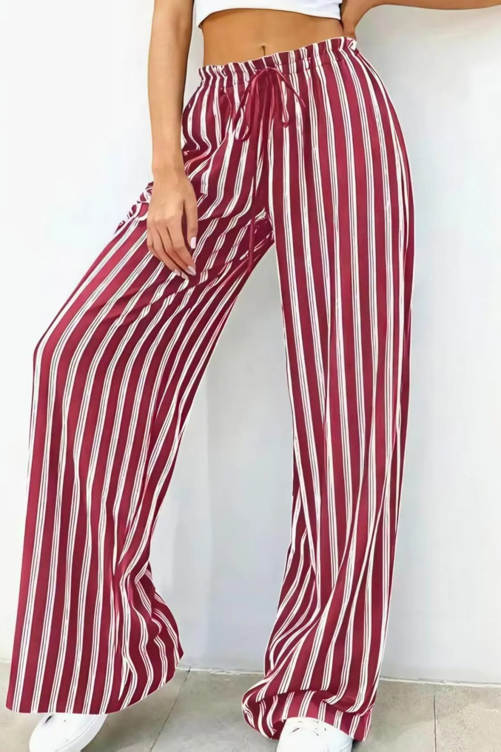 Woven Wide Leg Pants With Ruffle Waist - 3