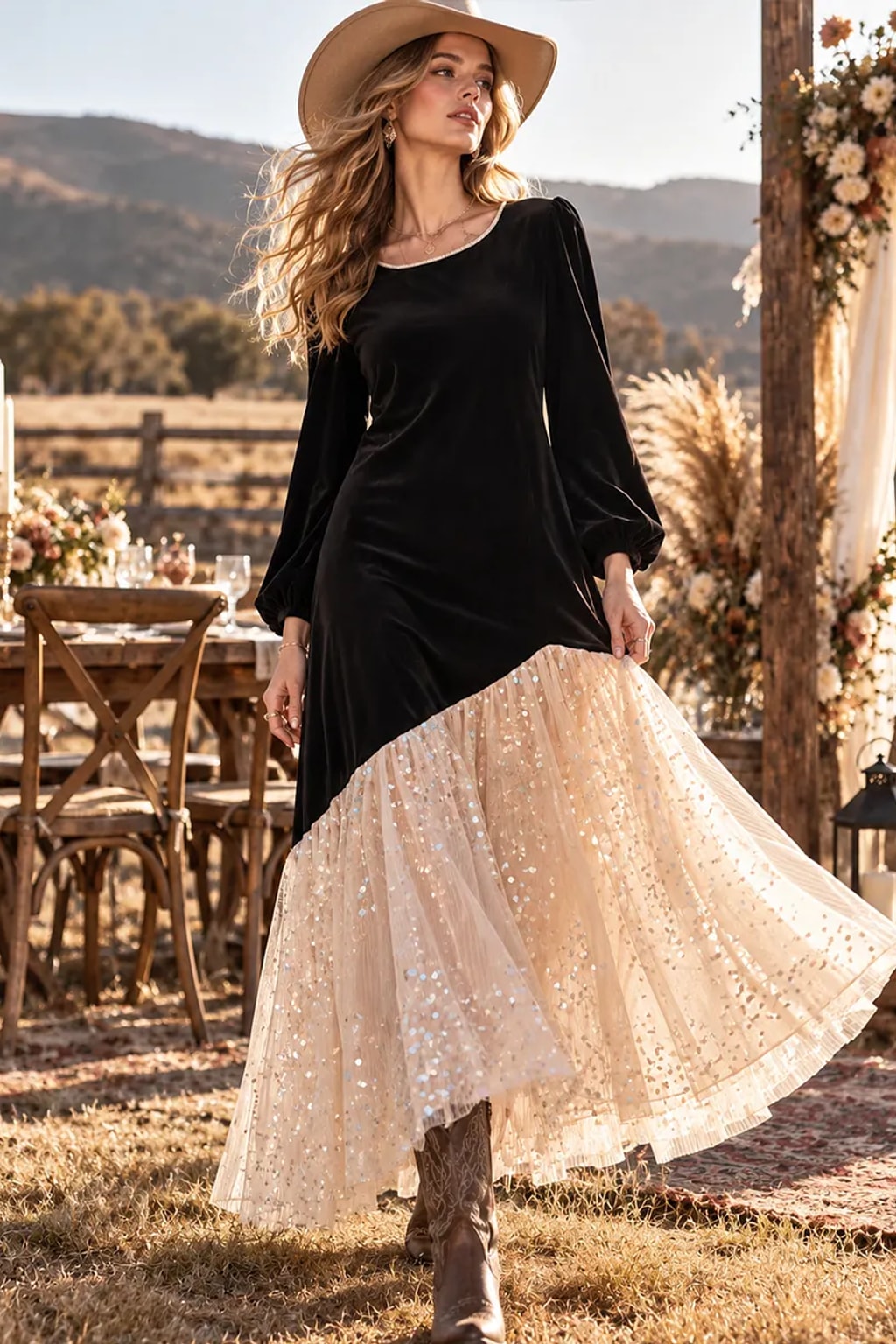 Velvet Maxi Dress With Asymmetrical Tulle Skirt - 3