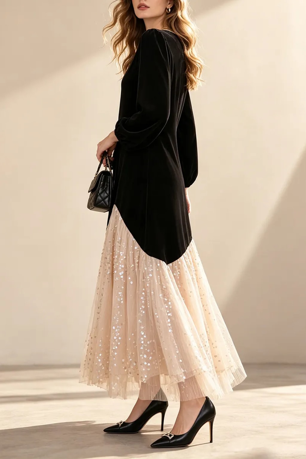 Velvet Maxi Dress With Asymmetrical Tulle Skirt - 4