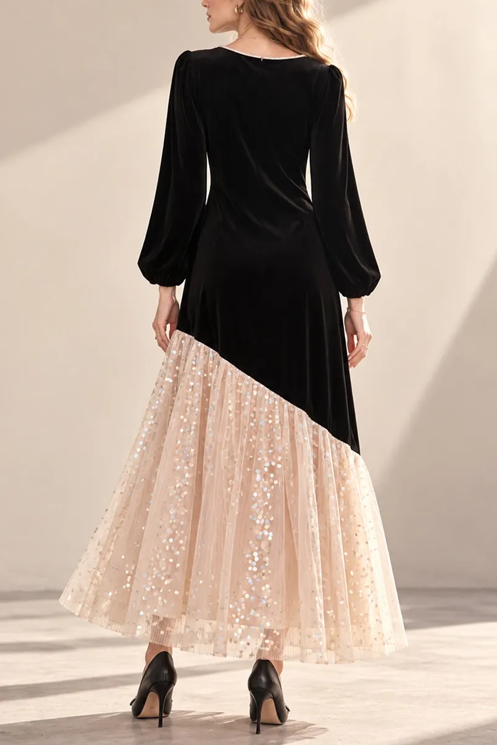 Velvet Maxi Dress With Asymmetrical Tulle Skirt - 5
