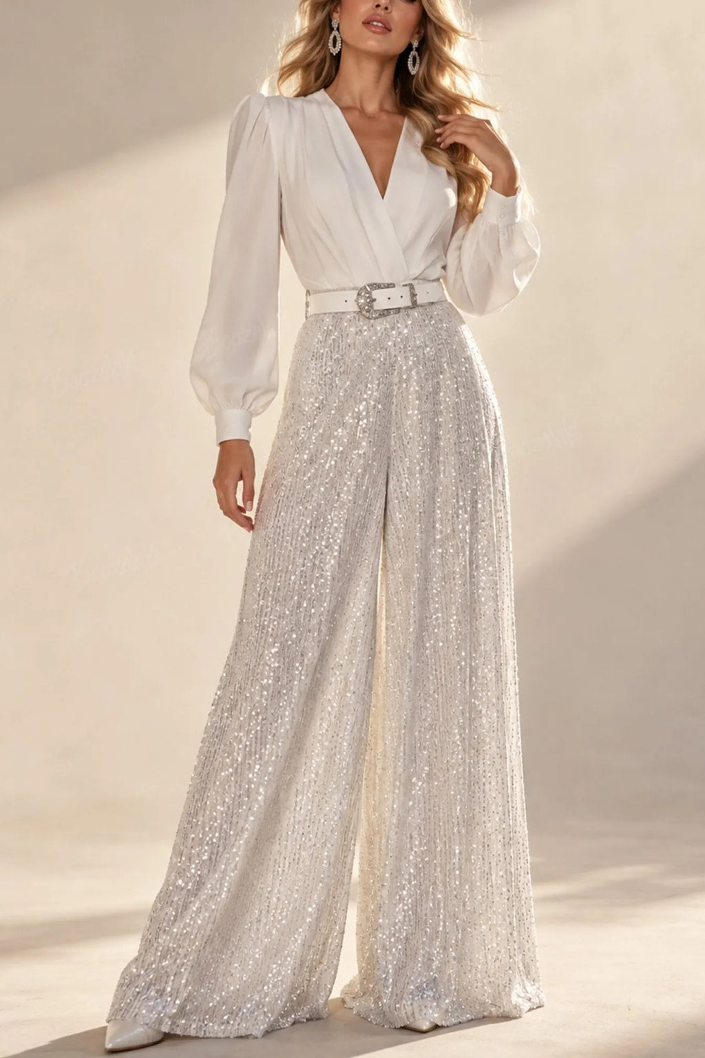 Polyester Sequin Wide-Leg Jumpsuit with Crossover V-Neck - 3