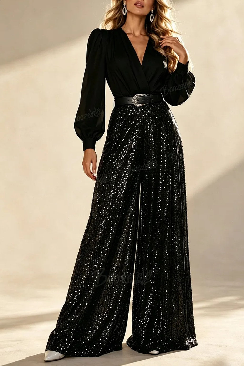 Polyester Sequin Wide-Leg Jumpsuit with Crossover V-Neck - 4