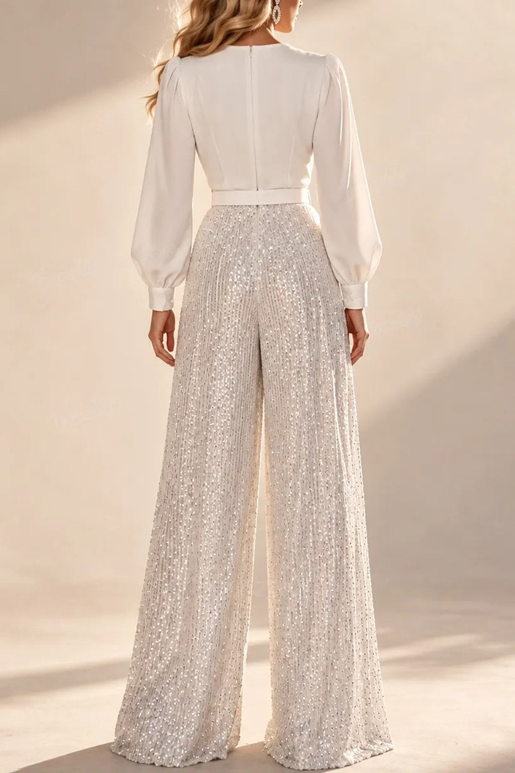 Polyester Sequin Wide-Leg Jumpsuit with Crossover V-Neck - 6