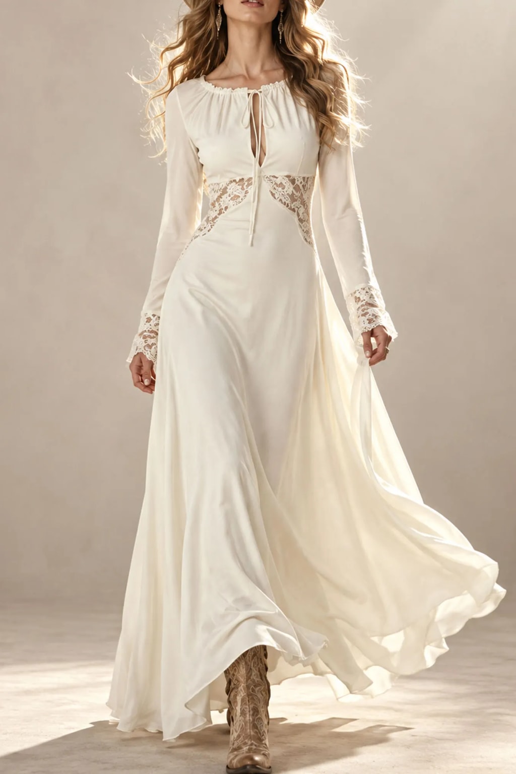 Polyester Maxi Dress With Lace Patchwork - 5