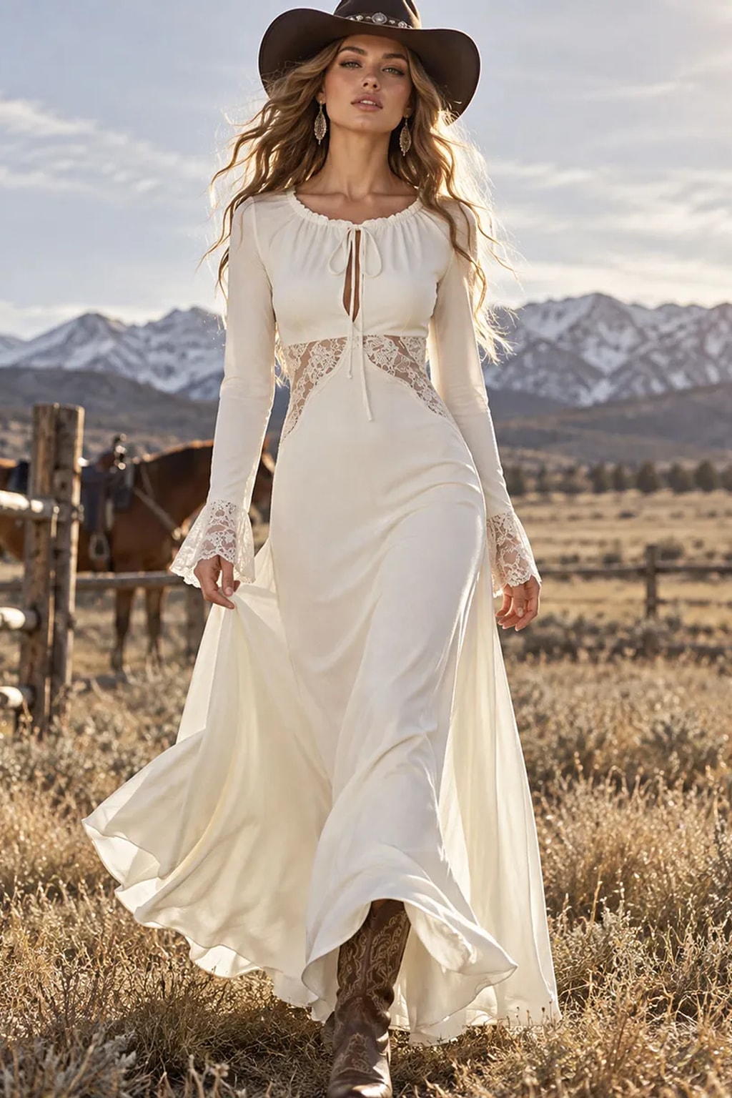 Polyester Maxi Dress With Lace Patchwork - 3