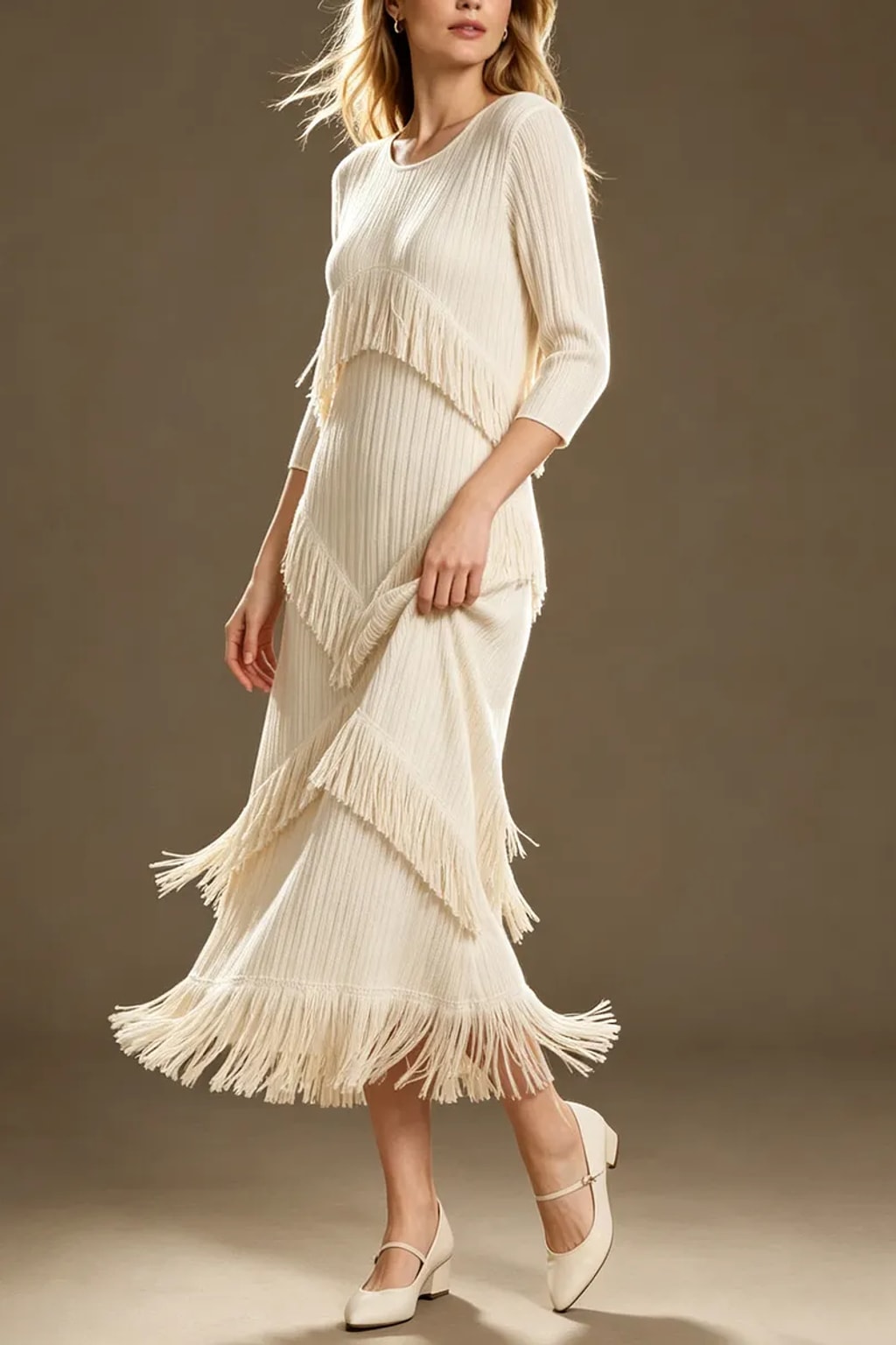 Polyester Spandex Maxi Dress With Tiered Fringe - 3