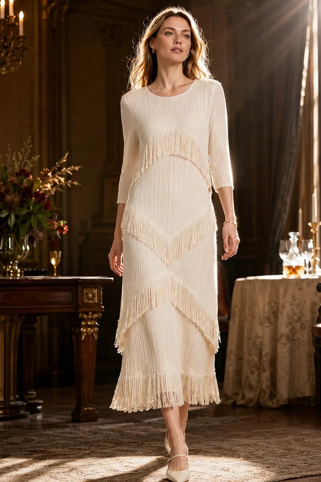Polyester Spandex Maxi Dress With Tiered Fringe - 4