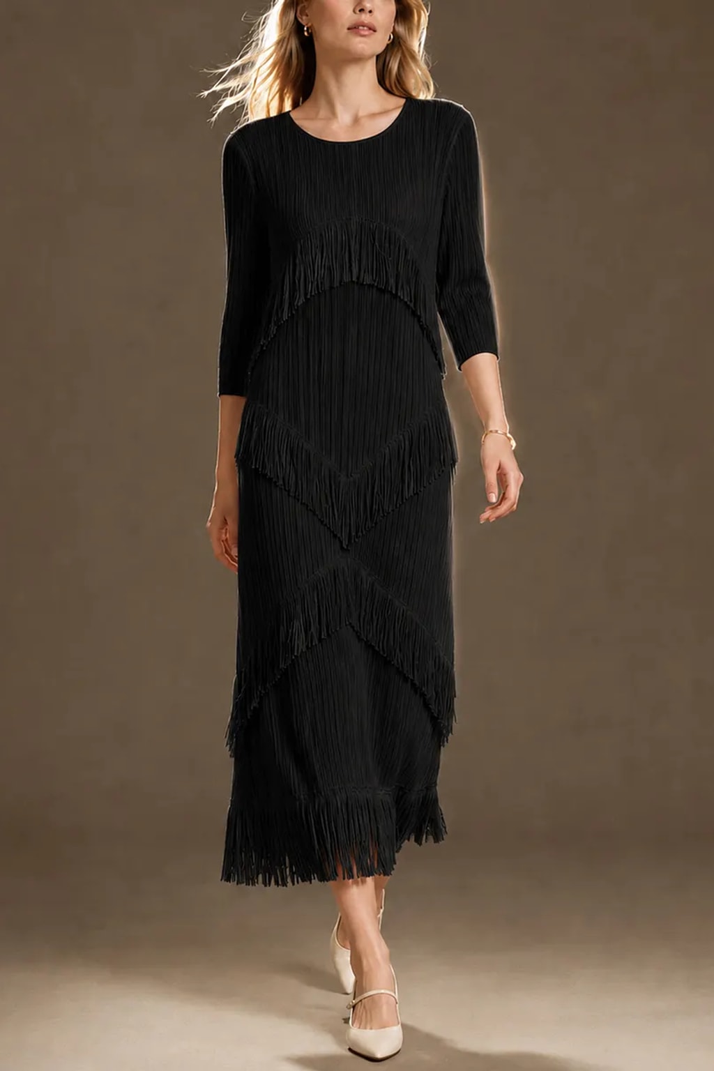 Polyester Spandex Maxi Dress With Tiered Fringe - 5