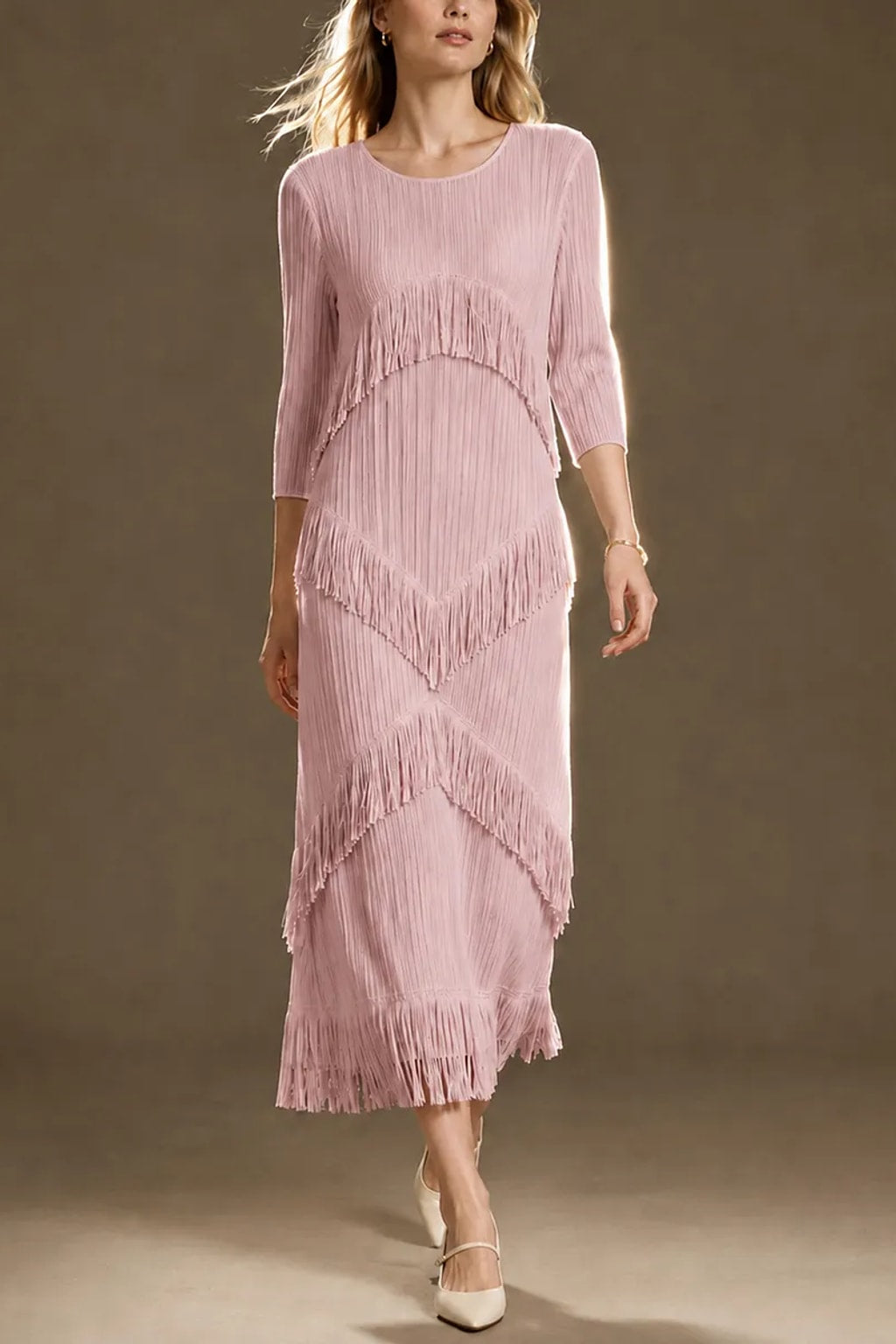 Polyester Spandex Maxi Dress With Tiered Fringe - 6