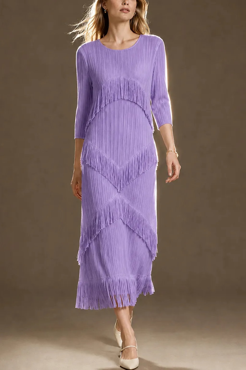 Polyester Spandex Maxi Dress With Tiered Fringe - 7