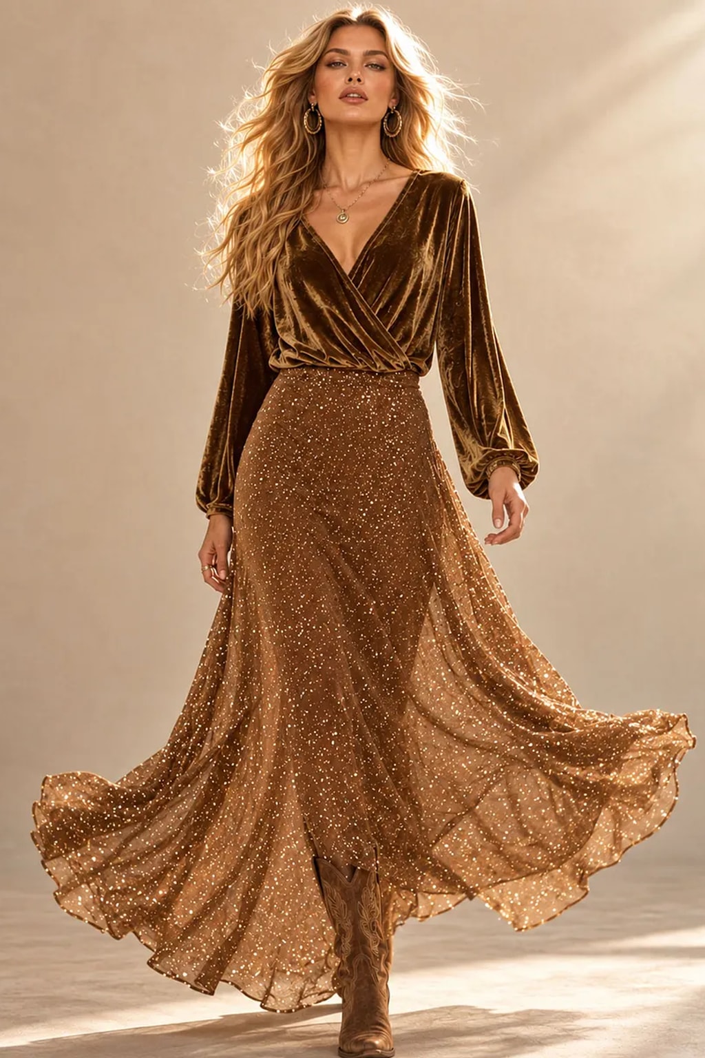 Velvet Maxi Dress with V-Neck and Sheer Patchwork - 3