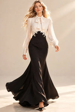Chiffon Satin Maxi Dress With Bow Tie Collar - 2