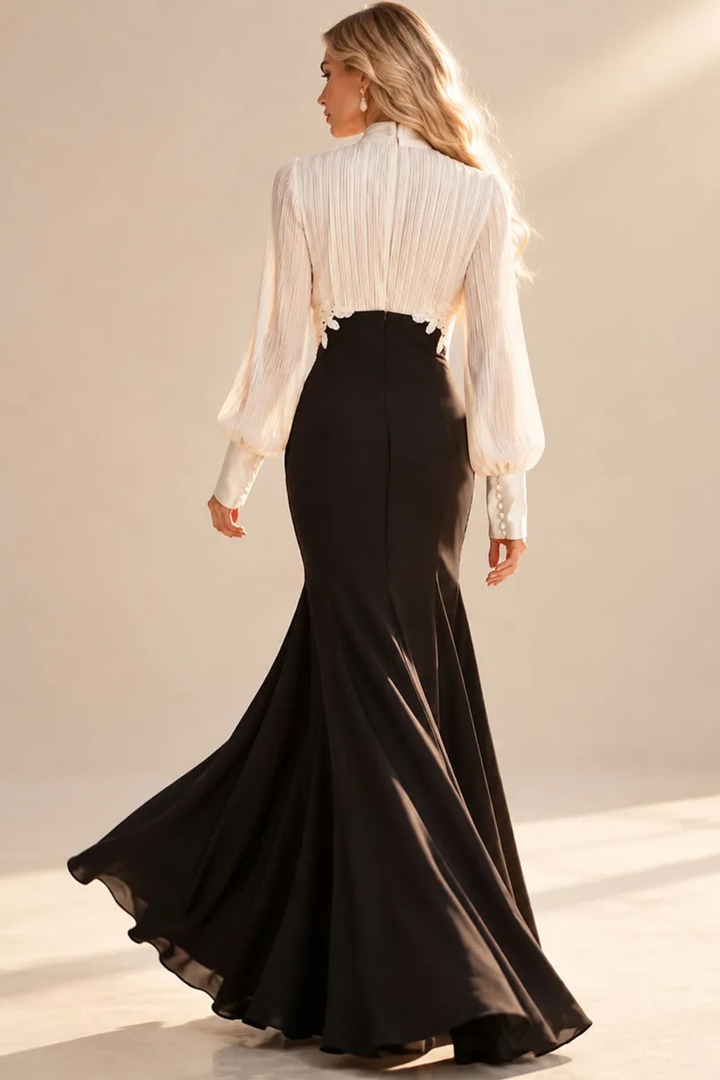 Chiffon Satin Maxi Dress With Bow Tie Collar - 5