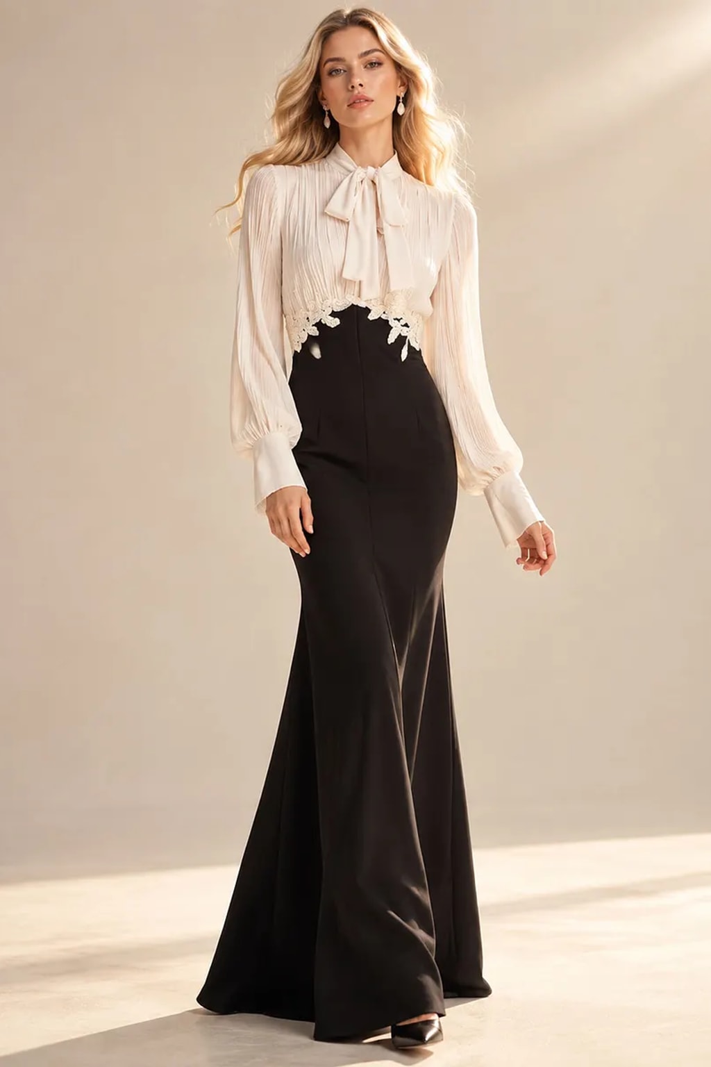 Chiffon Satin Maxi Dress With Bow Tie Collar - 6