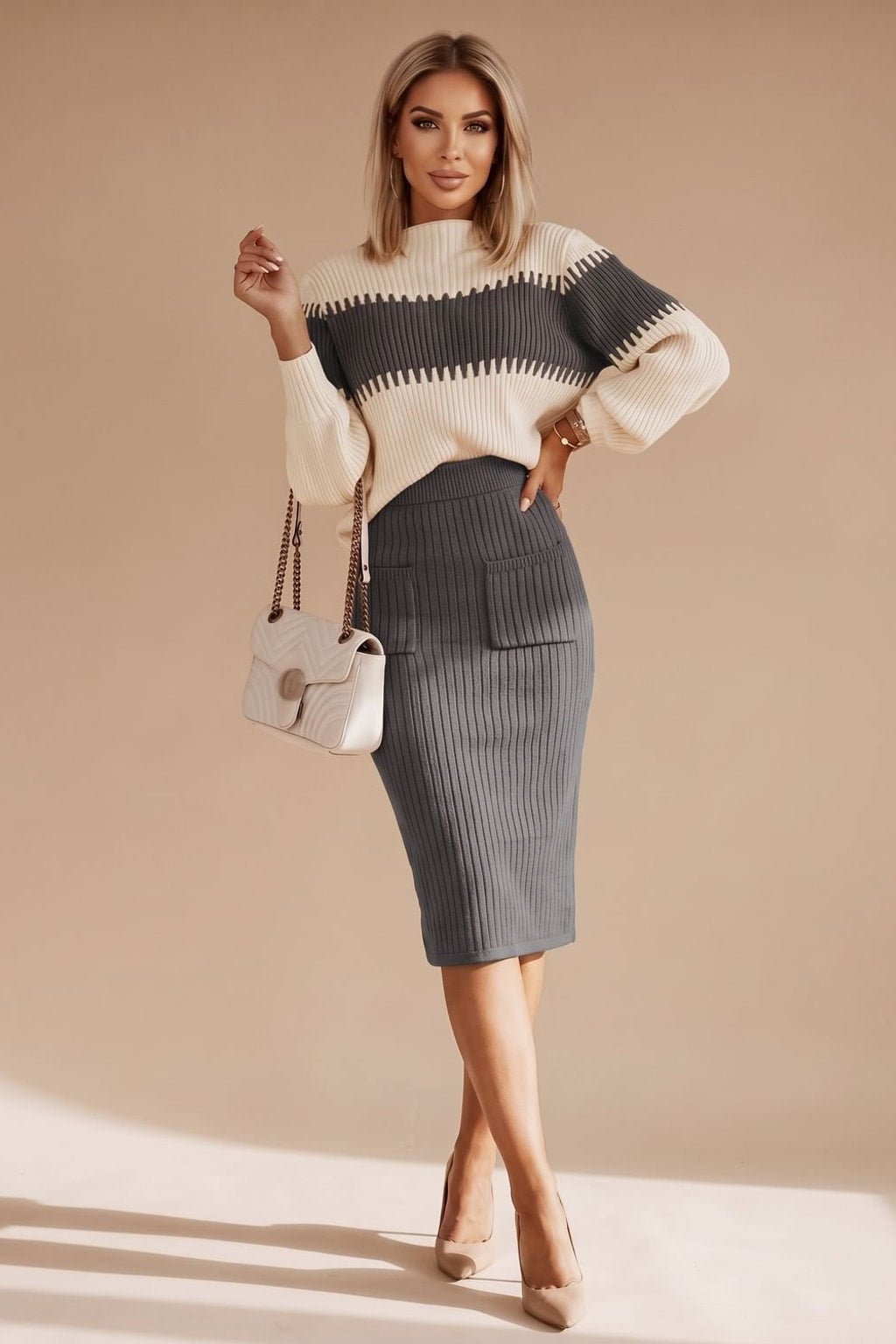 Knit Sweater Skirt Set With Side Slit - 7