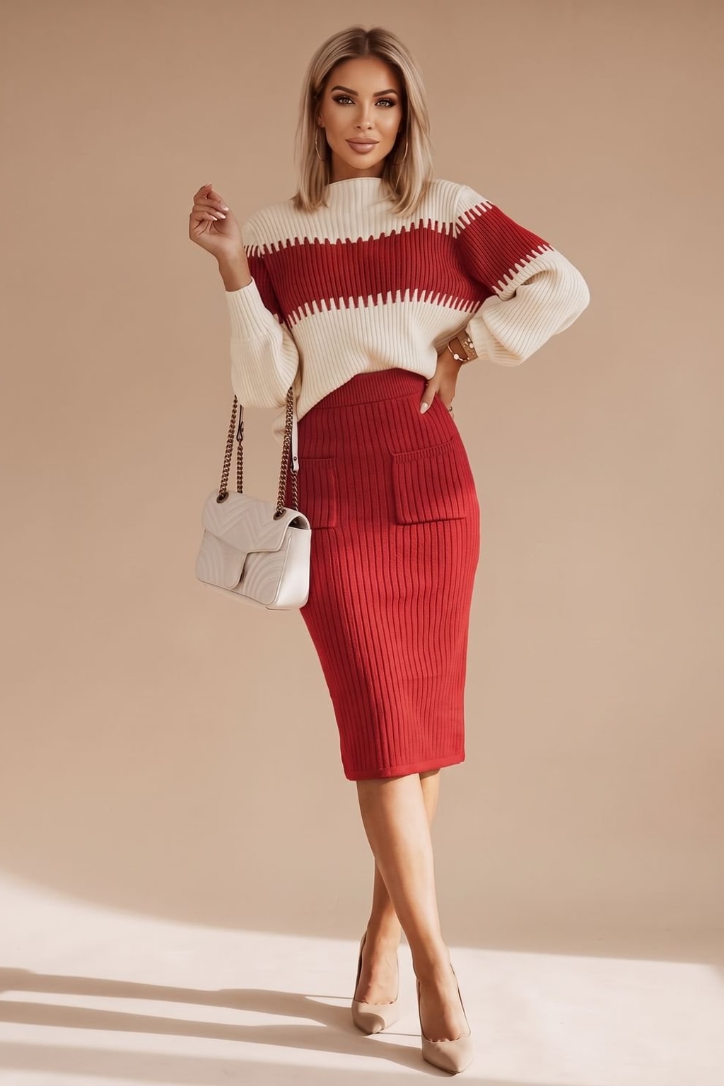 Knit Sweater Skirt Set With Side Slit - 9