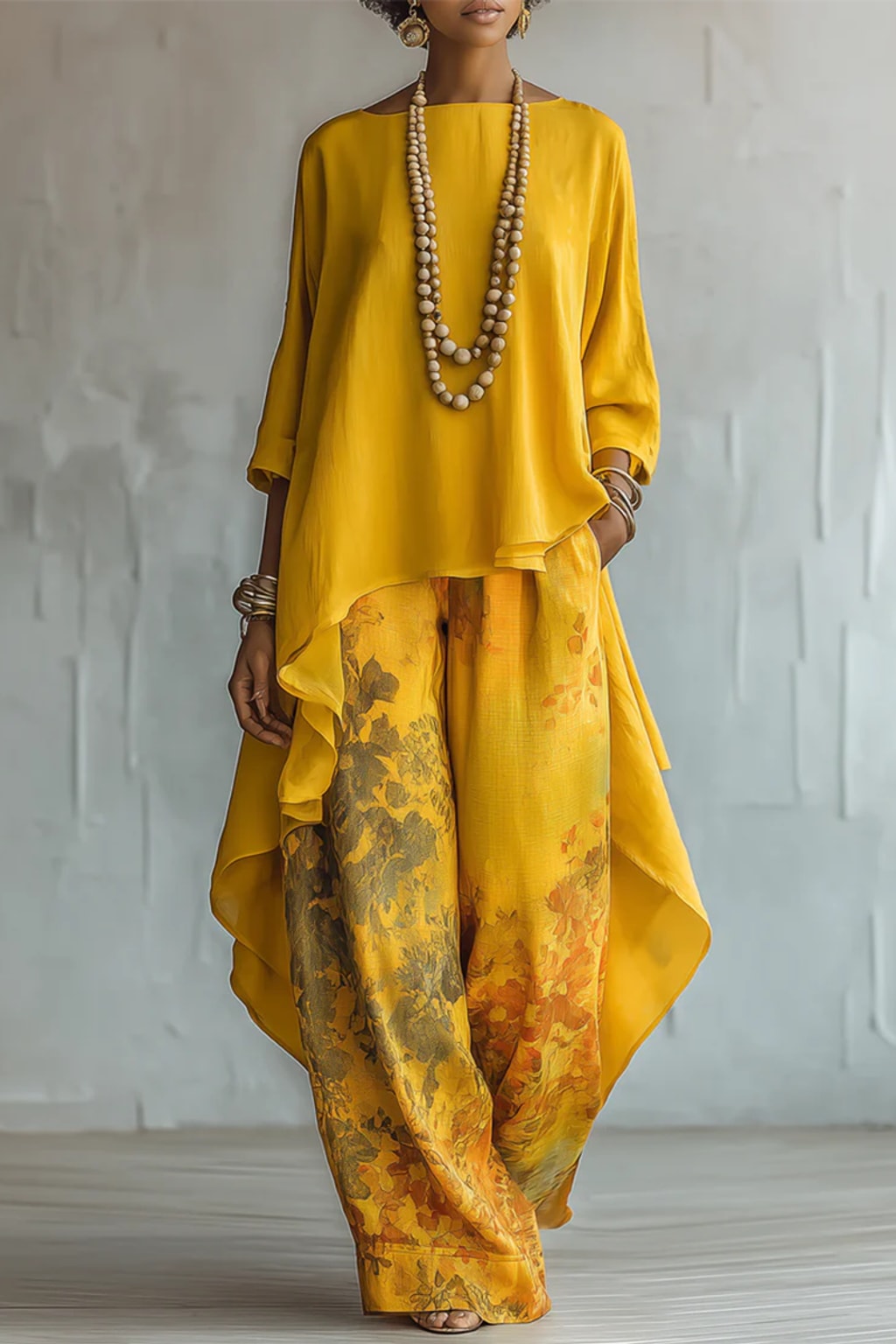 Linen Blend Two-Piece Set With Floral Wide-Leg Pants - 2