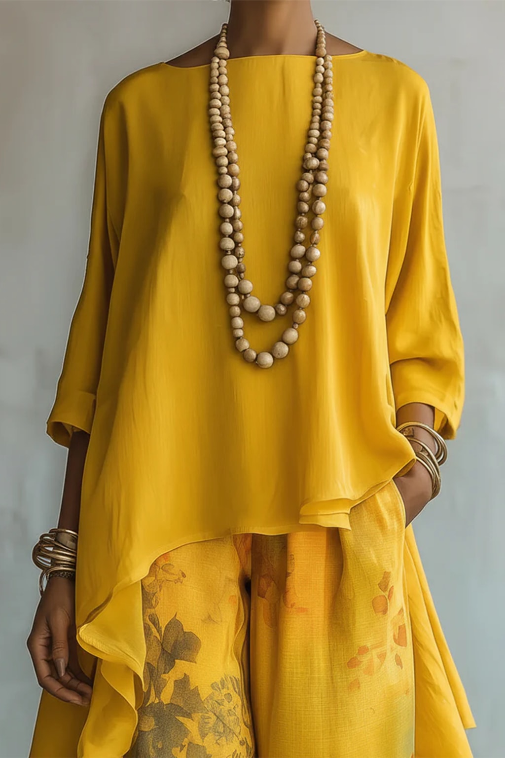 Linen Blend Two-Piece Set With Floral Wide-Leg Pants - 4