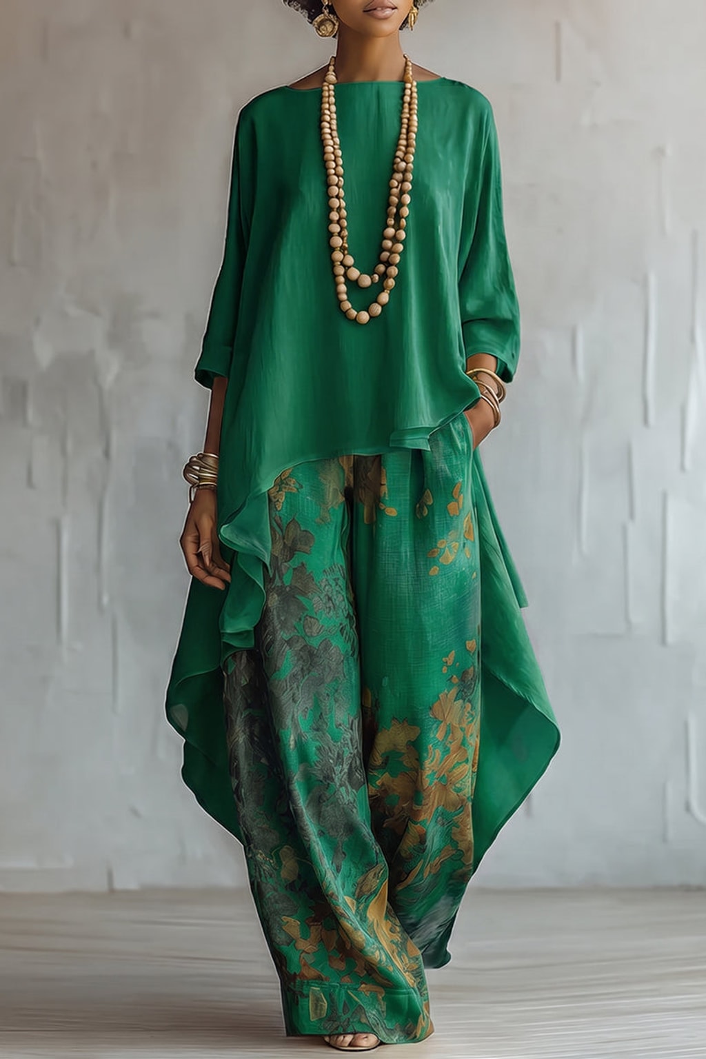 Linen Blend Two-Piece Set With Floral Wide-Leg Pants - 7