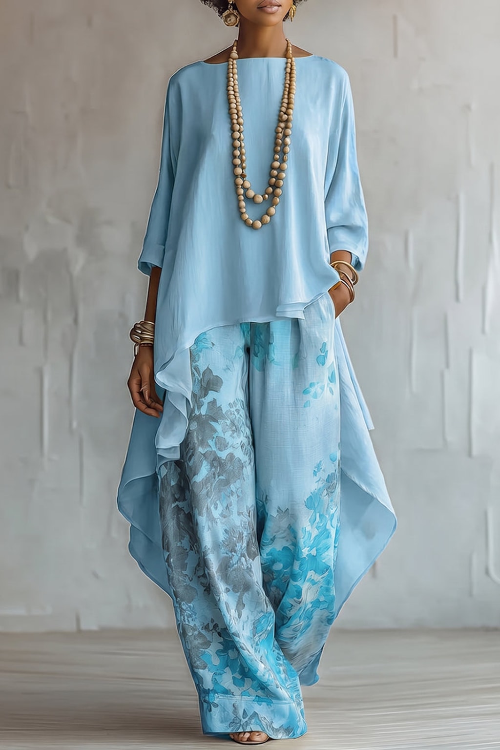 Linen Blend Two-Piece Set With Floral Wide-Leg Pants - 8