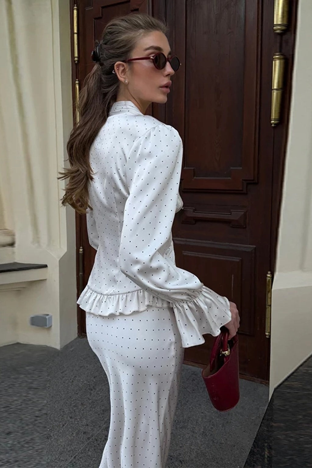 Polyester Two-Piece Skirt Set With Pleated V-Neck - 4