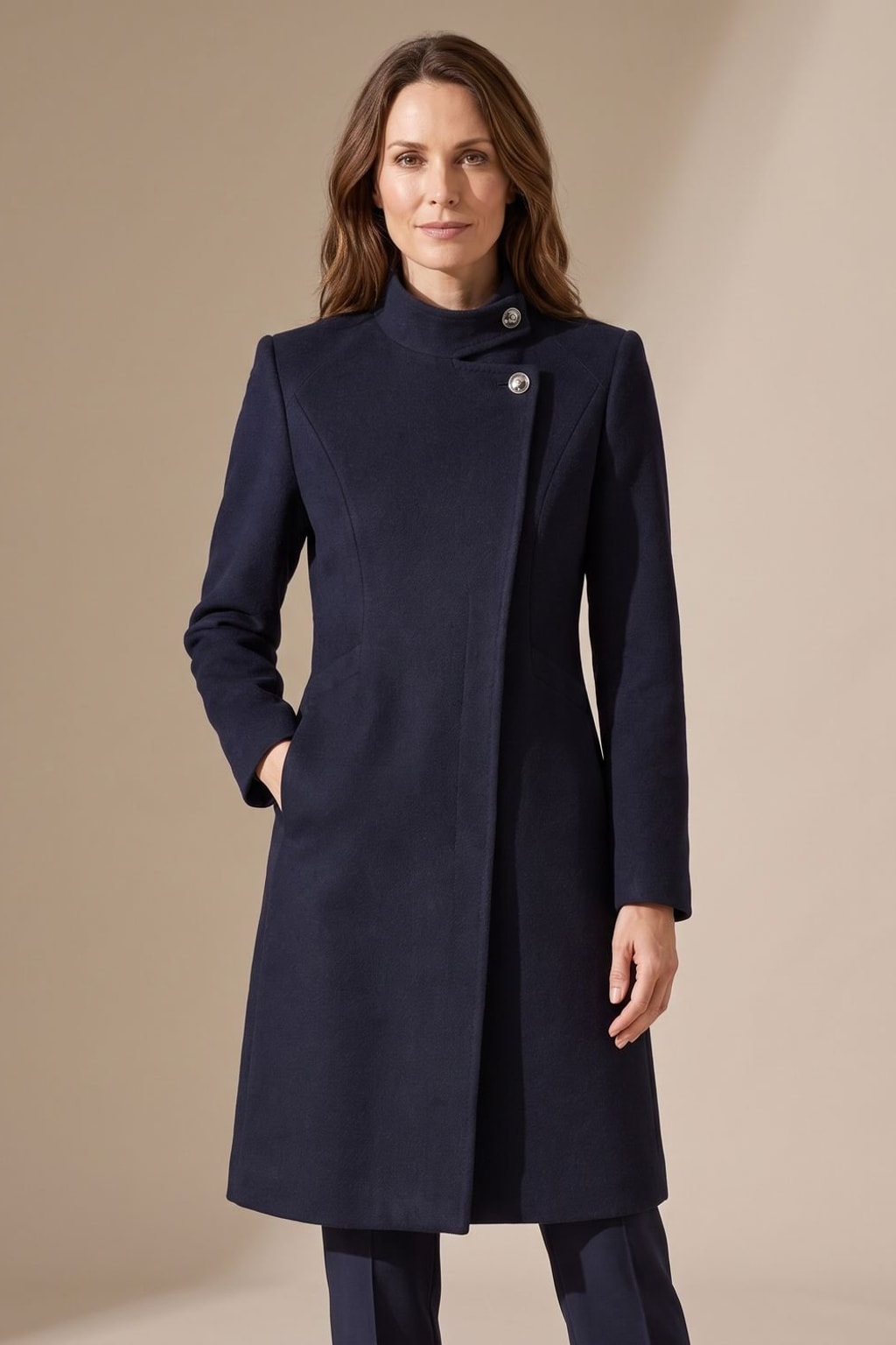 Wool Blend Tailored Coat with Asymmetric Stand Collar - 2