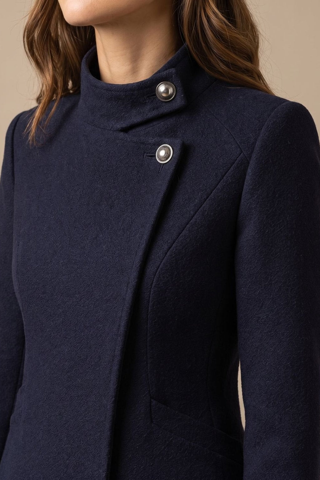 Wool Blend Tailored Coat with Asymmetric Stand Collar - 3