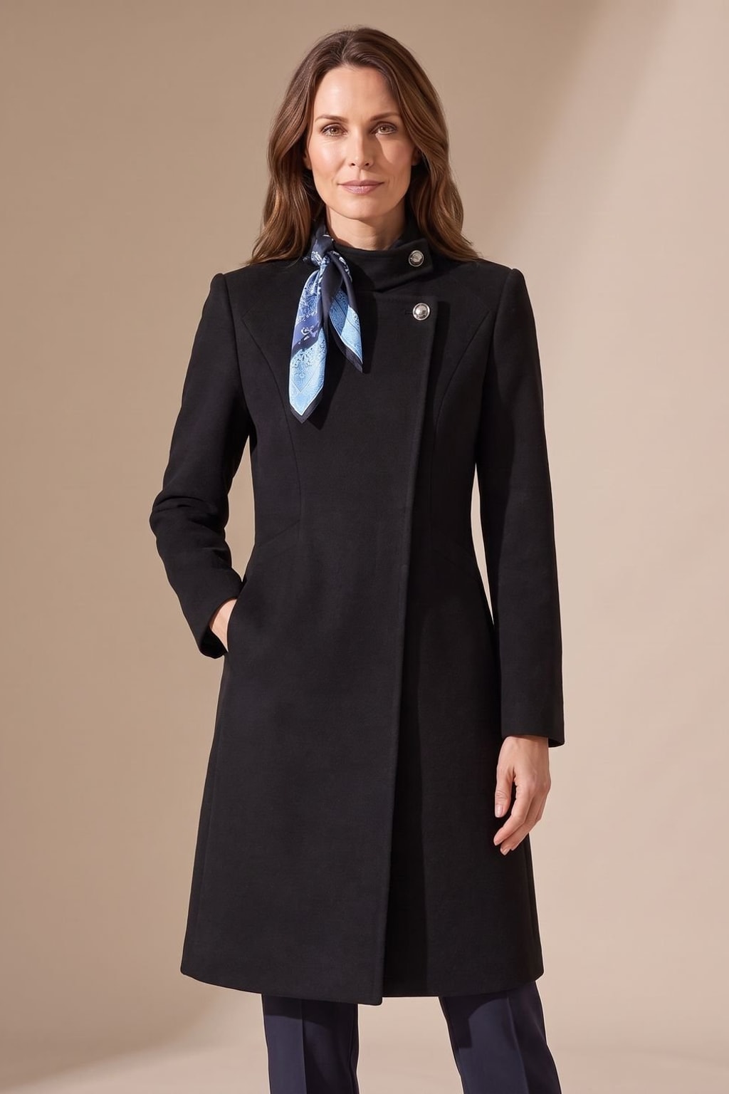 Wool Blend Tailored Coat with Asymmetric Stand Collar - 4