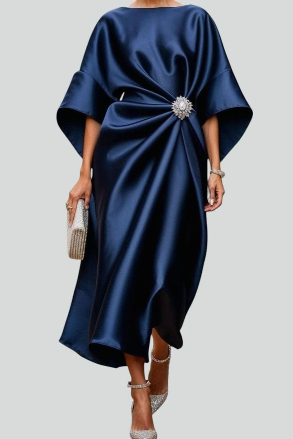 Satin Midi Dress With Draped Brooch - 2