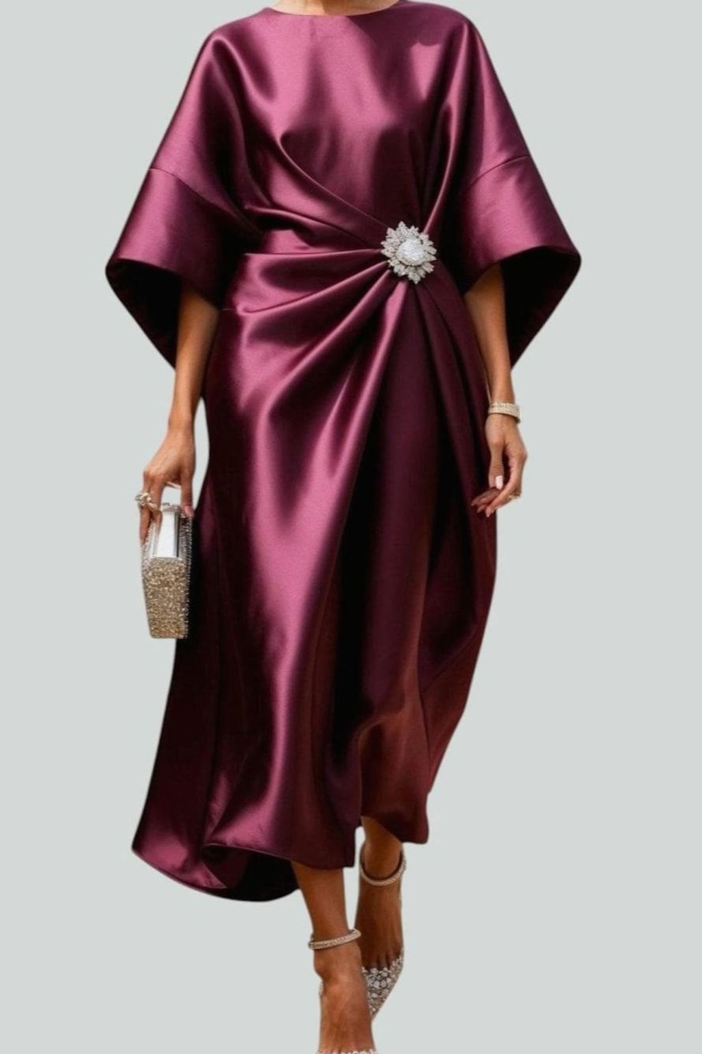 Satin Midi Dress With Draped Brooch - 4