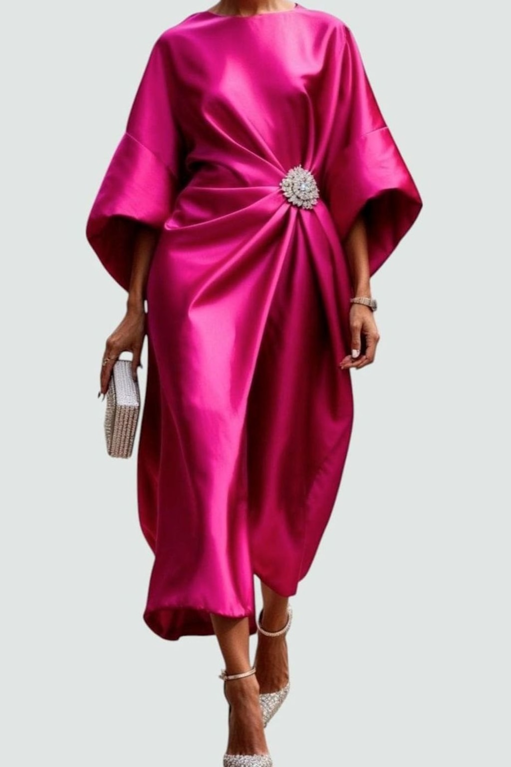Satin Midi Dress With Draped Brooch - 6