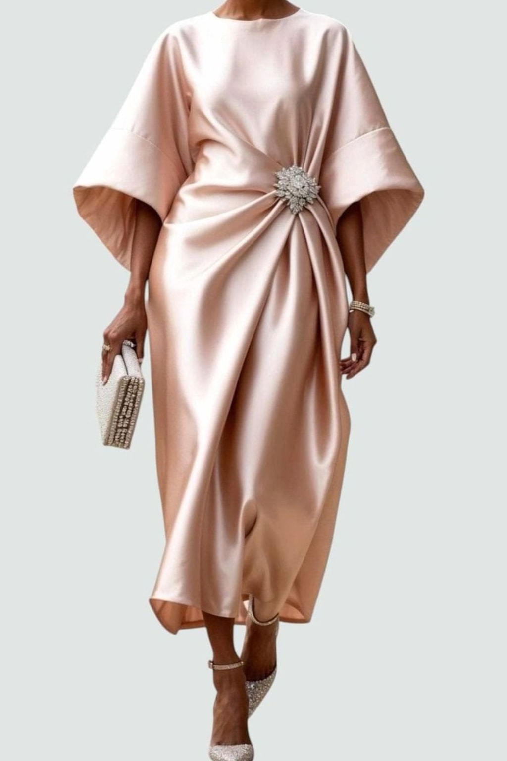 Satin Midi Dress With Draped Brooch - 7