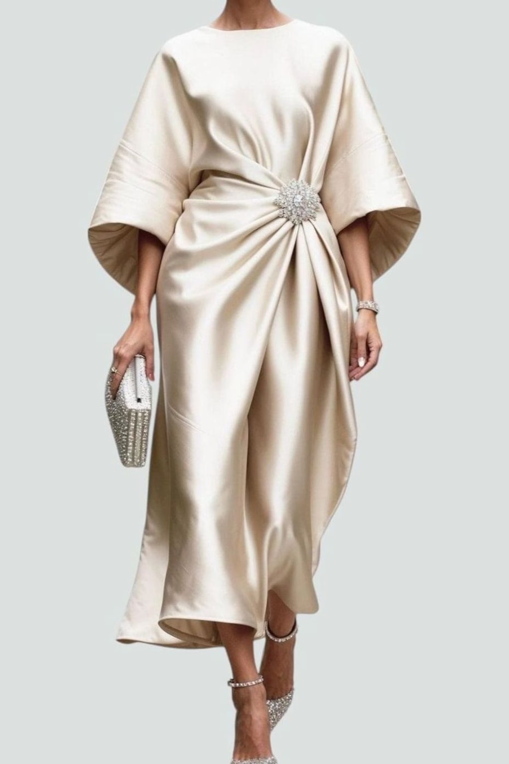 Satin Midi Dress With Draped Brooch - 8
