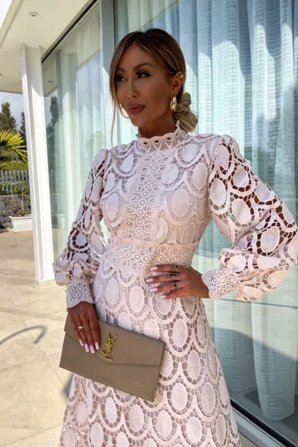 Textured Evening Dress With Long Sleeves - 4