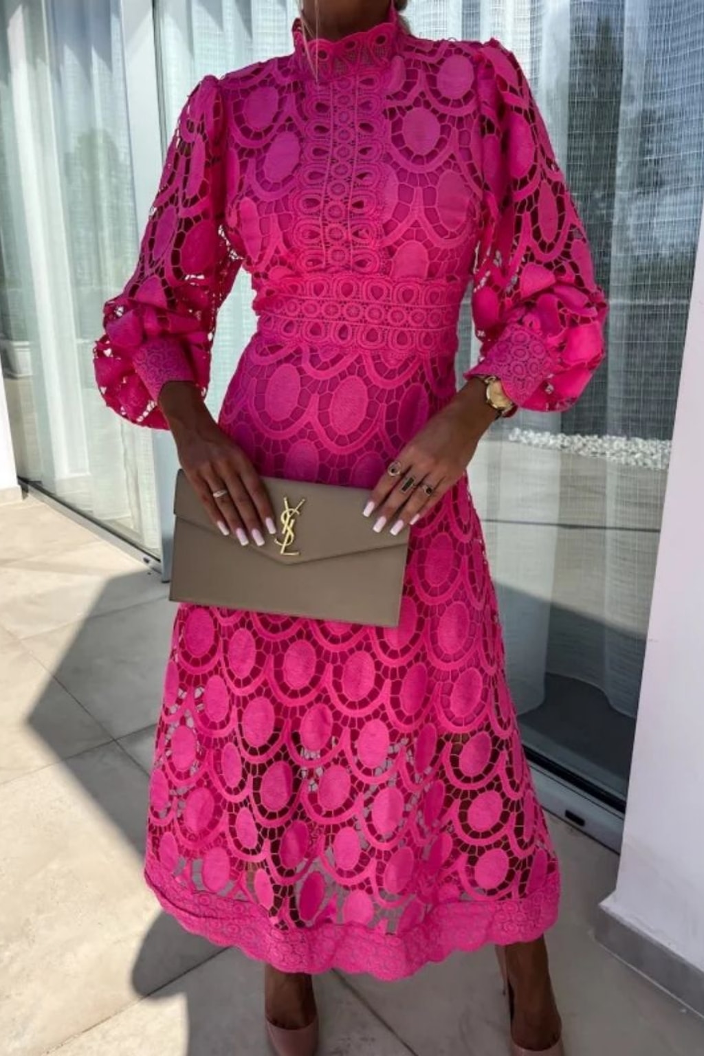 Textured Evening Dress With Long Sleeves - 7