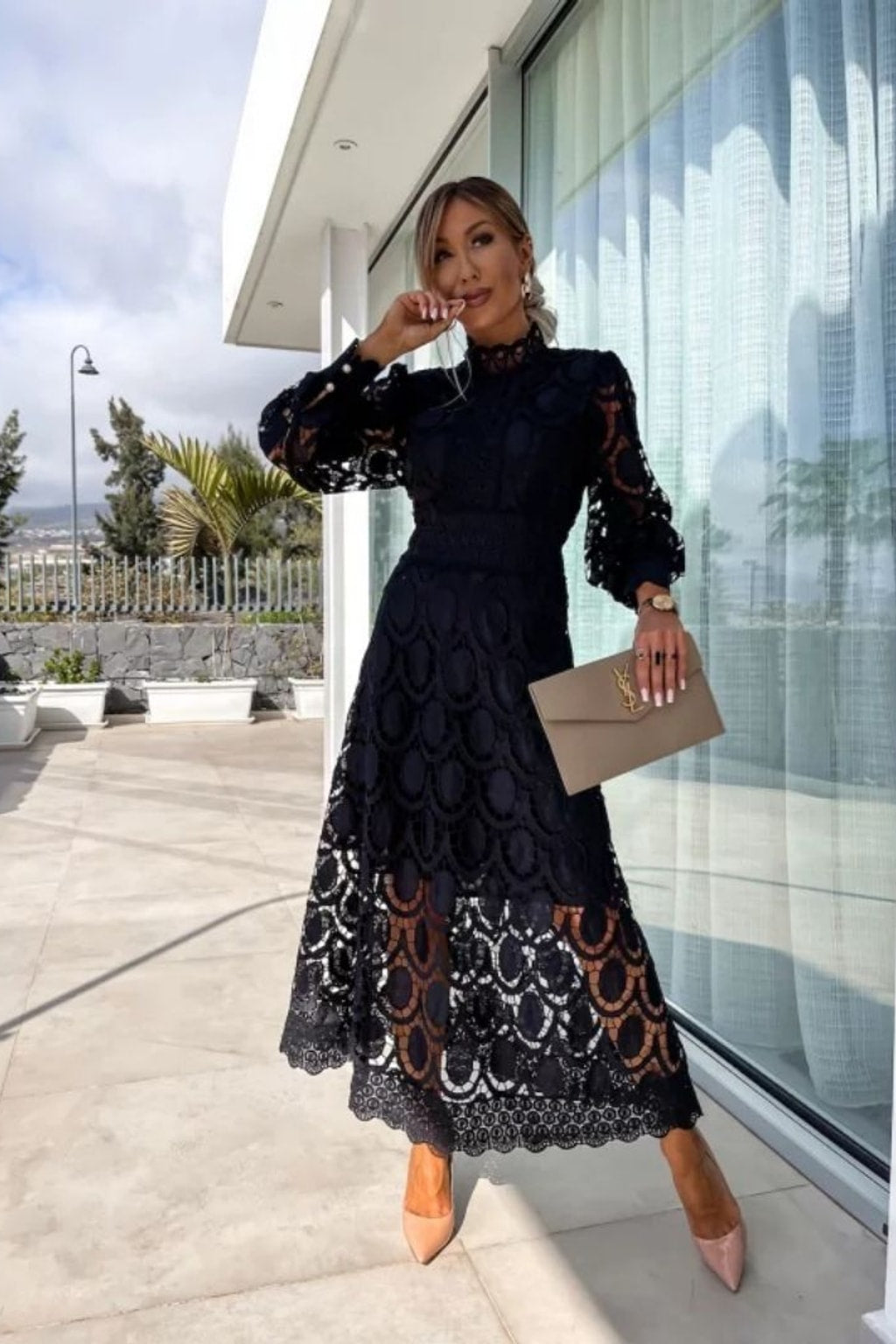 Textured Evening Dress With Long Sleeves - 5