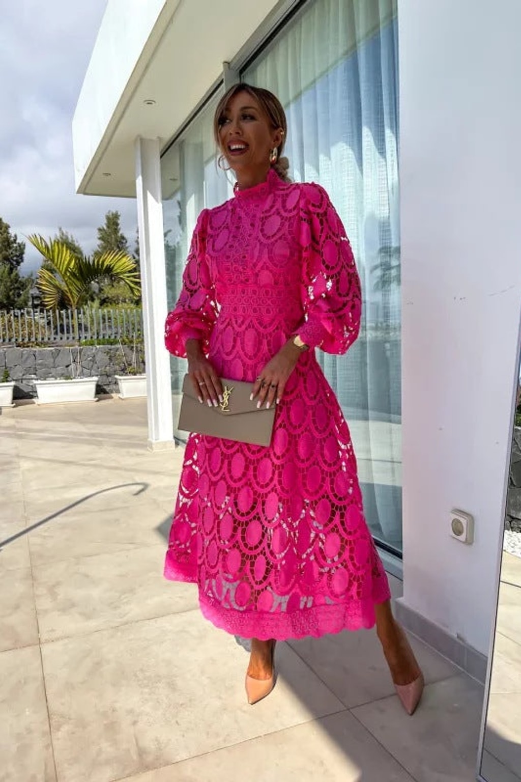 Textured Evening Dress With Long Sleeves - 8