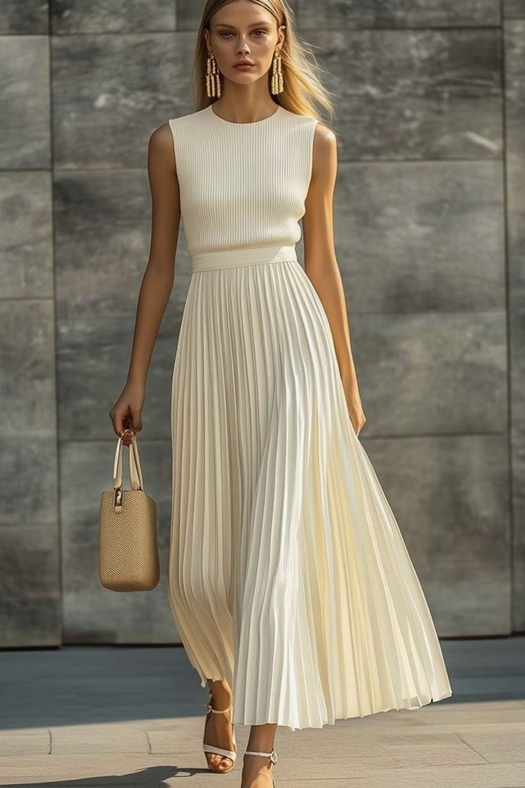 Knit Pleated Maxi Dress With Sleeveless Cut - 2